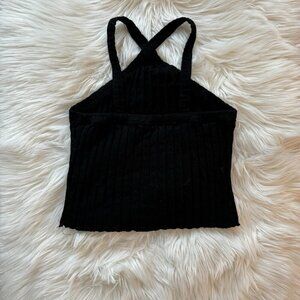 Zara Black Ribbed Cotton Knit Cropped Criss Cross Top *Excellent Condition*